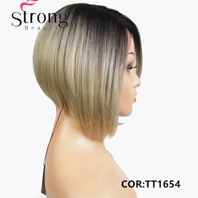 StrongBeauty Ombre Bob Lace Wig with L Part  Lace Front Wig Hand tied Invisible Synthetic Straight Wigs