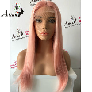 Lace Front Wig Pink 100%Brazilian Human Hair Silky Straight Pre Plucked Front Lace Wig Remy Virgin Hair Glueless Lace Wig Atina